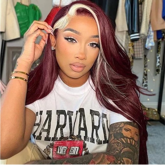 💕 SHEN 24” 99J Skunk Stripe Burgundy Blonde Colored Lace Front Human Hair *NEW*